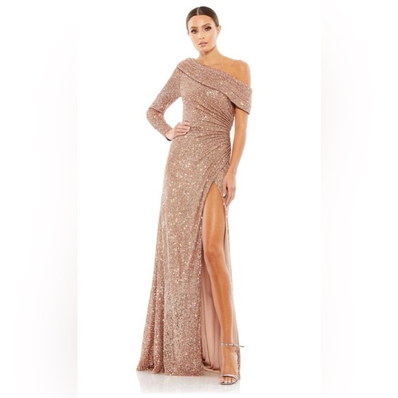 Nwt Ieena for Mac Duggal Sequined Drop Shoulder Faux Wrap Gown in Copper - Picture 3 of 15